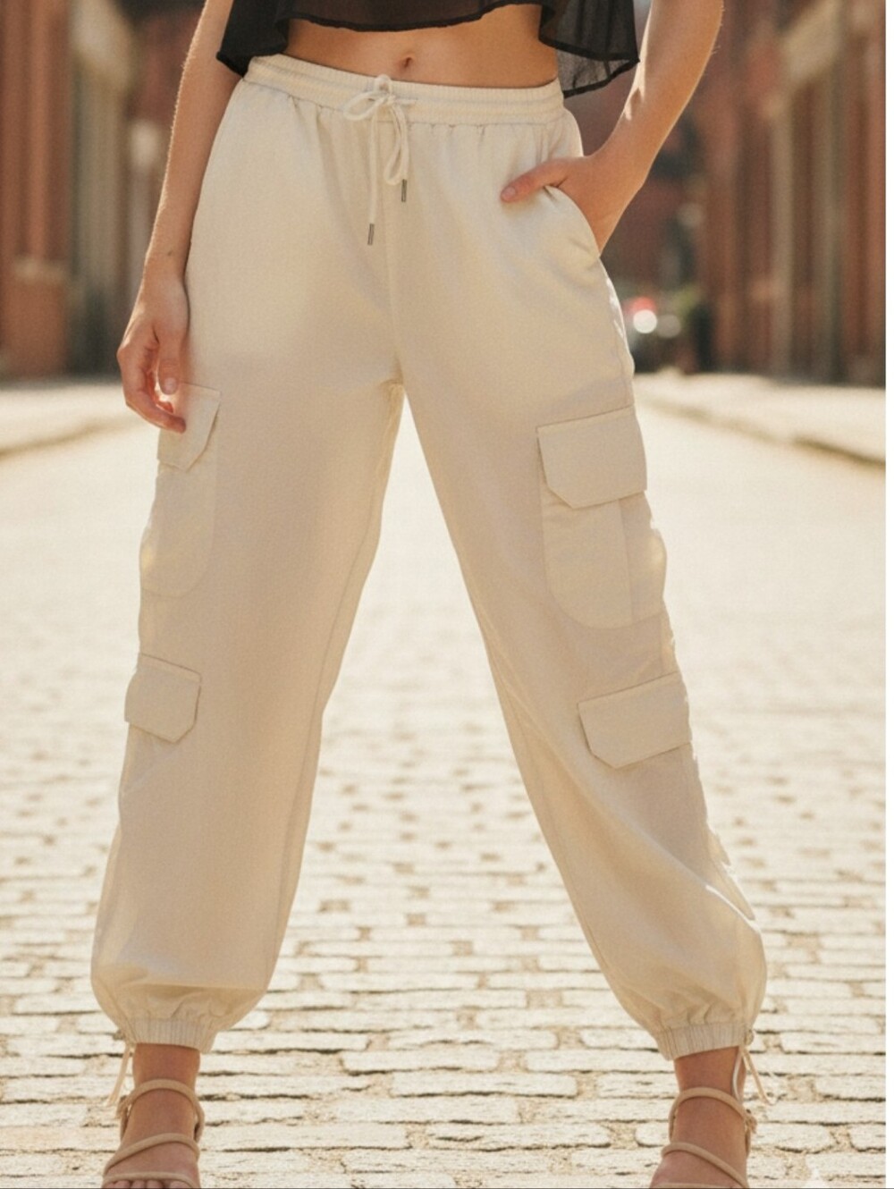 Vintage Beige Cargo Style Jogger Parachute Pants - fits M